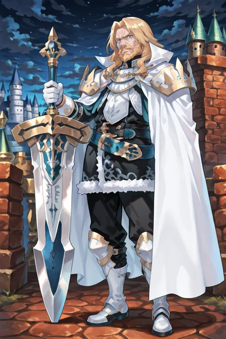 <lora:OrdeneIL:0.95> , ordedef, 1boy, blue eyes, blonde hair, long hair, facial hair, mustache, beard, white cape, collared cape, armor, pauldrons, white gloves, fur-trimmed skirt, black skirt, black pants, belt, white boots, white greaves, full body, exterior, castle, night, clouds, serious expression hand on hilt, planted sword, standing, huge weapon old man, wrinkles, looking at viewer, solo, masterpiece, very aesthetic, absurdres, best quality, amazing quality, high resolution, newest, very awa, <lora:illustrious_quality_modifiers_masterpieces_v1:0.8> , <lora:ChamIllustriousBackgroundEnhancer:0.5>,  solo,
