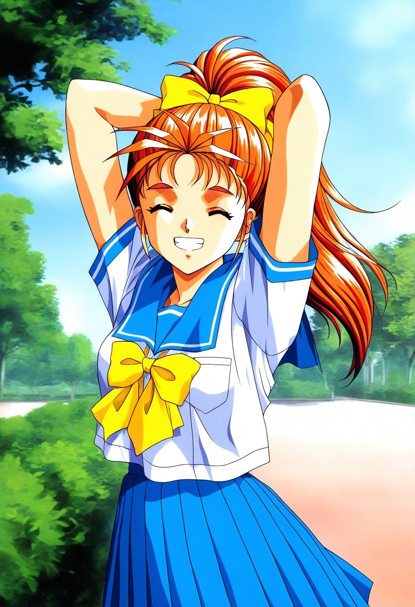 general,highres, ultra-detailed,very aesthetic,masterpiece, best quality, 1990s (style), 1girl, solo,
Saotome_Yumi, brown eyes, orange hair, hair bow, high ponytail,  long hair, small breasts,
grin ,happy,teeth,
blue school uniform, serafuku, jewelry, yellow bow, Yellow bow, blue skirt, blue sailor collar, white shirt, pleated skirt, short sleeves, outdoor, tree, sky, arms behind head, 