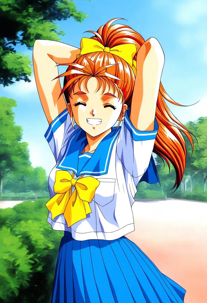 general,highres, ultra-detailed,very aesthetic,masterpiece, best quality, 1990s (style), 1girl, solo,
Saotome_Yumi, brown eyes, orange hair, hair bow, high ponytail, long hair, small breasts,
grin ,happy,teeth,
blue school uniform, serafuku, jewelry, yellow bow, Yellow bow, blue skirt, blue sailor collar, white shirt, pleated skirt, short sleeves, outdoor, tree, sky, arms behind head,