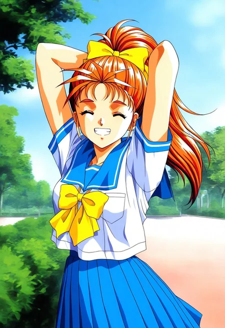general,highres, ultra-detailed,very aesthetic,masterpiece, best quality, 1990s (style), 1girl, solo,
Saotome_Yumi, brown eyes, orange hair, hair bow, high ponytail, long hair, small breasts,
grin ,happy,teeth,
blue school uniform, serafuku, jewelry, yellow bow, Yellow bow, blue skirt, blue sailor collar, white shirt, pleated skirt, short sleeves, outdoor, tree, sky, arms behind head,