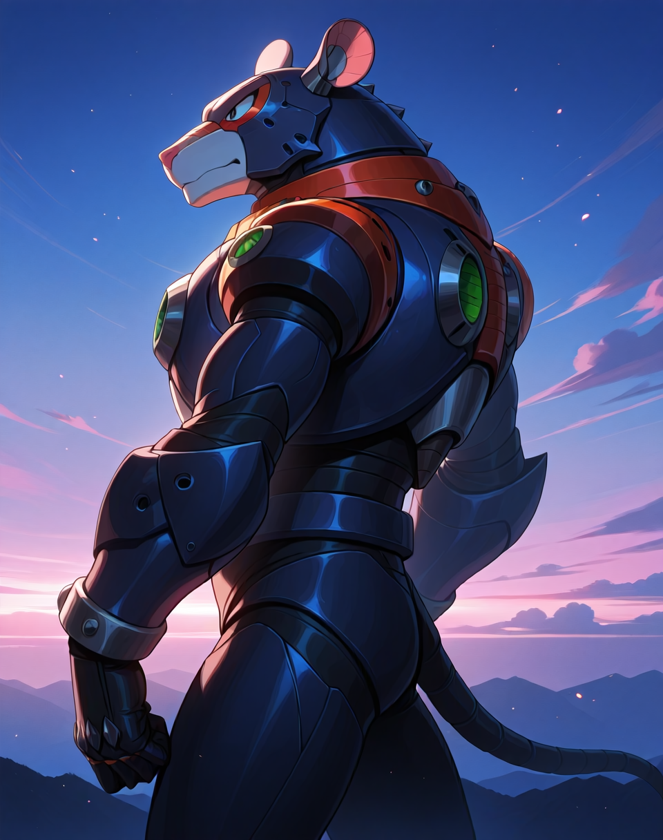 <lora:Reploid_(Mega_Man_X)_(Illustrious)_(AD):1.5> reploid, MMX, 
exterior, sky with clouds, 
male focus, intense shadows, dynamic shadows, intricate details, attention to details, gradient coloring, bright vivid colors, robot, bent leg, glossy metal body, cowboy shot, ((rat reploid, side view, small, short, ):1.5), 
BREAK very awe, masterpiece, best quality, amazing quality, very aesthetic, highres, absurdres, source_anime, 
EZRealPONYXL, zPDXL, Smooth Quality, lazynsfw,