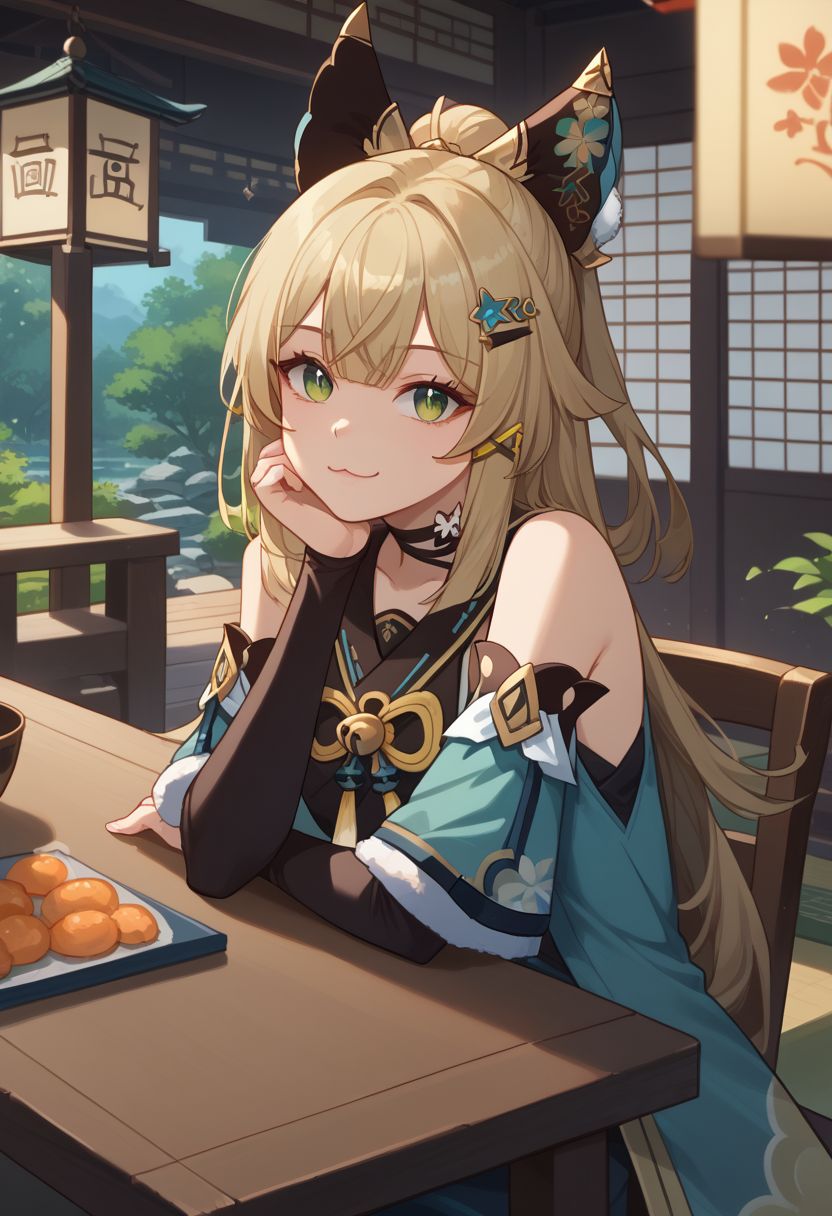 score_9, score_8_up, score_7_up, source_anime, 1girl, kiraradef, blonde hair, green eyes, long hair, ahoge, animal ears, hair ornament, hairclip, two tails, multiple tails, cat tail, detached sleeves, bare shoulders, crop top, tassel, black choker, sitting, on chair, table, head rest, elbow rest, happy, :3, looking at viewer, indoors, shrine, portrait, close-up, facing viewer, upper body, <lora:Kirara_v1-000010:0.9>