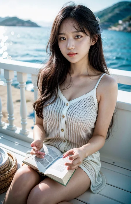 cinematic photo break. white wavy long hair,
A wonderful life, a relaxed atmosphere,Aegean Sea,sunny,a girl in love,reading books,pajama,smile,
<lora:Better_Pose:1> <lora:fluxenhancer:1> <lora:sparklycism:1>, <lora:Tangbohu_real_style_FLUX_type_A:1>, 35mm photograph, film, (bokeh:1.3), professional, 4k, highly detailed