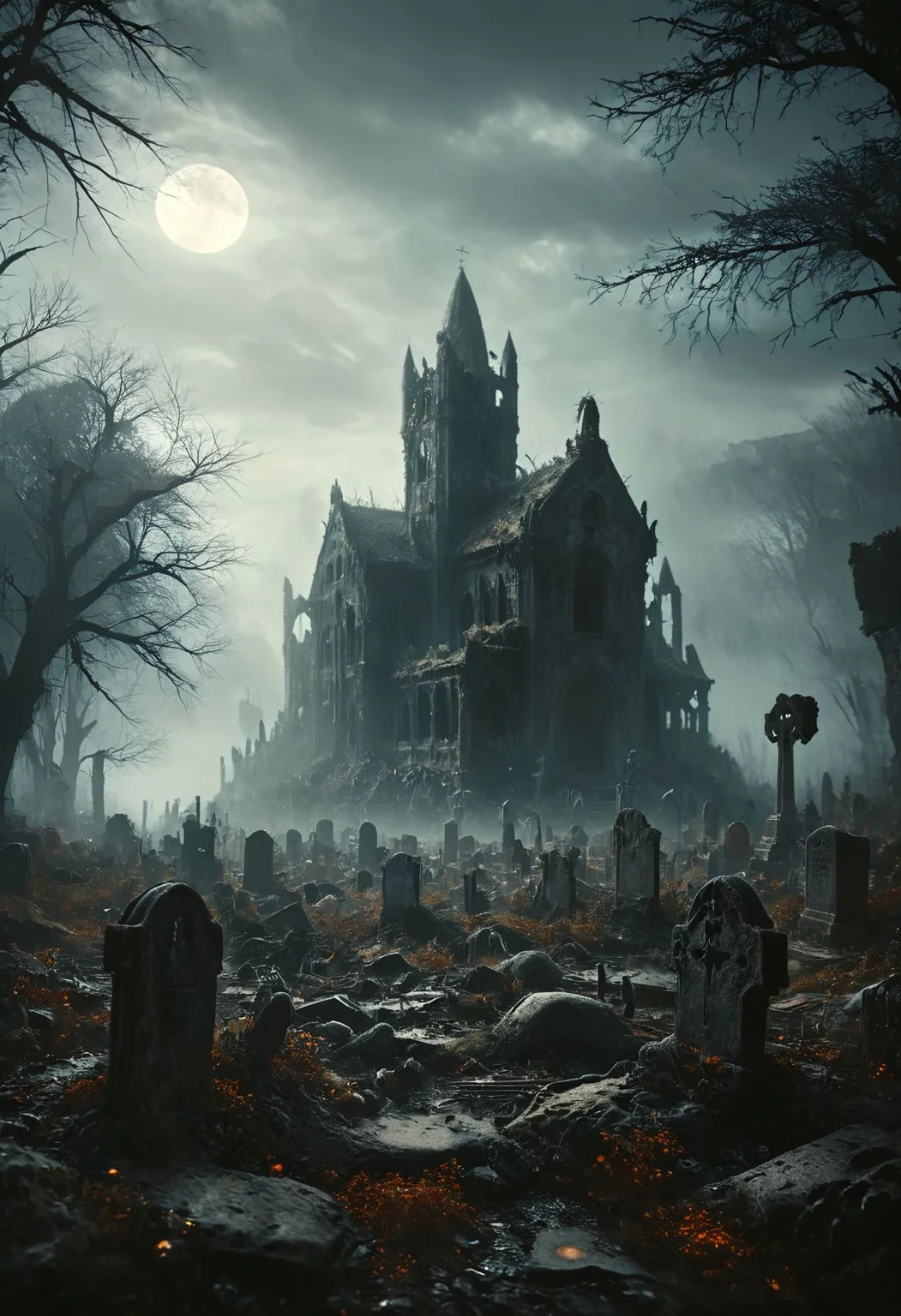 A dark, gothic horror landscape at night, with a full moon casting a pale light over a decrepit cemetery, (in the foreground a dead man mutilated rises from his grave:1.8). Sinister, glowing flora lines the old tombstones, and shadows move subtly as if haunted. The air is thick with a mysterious fog, and (ghostly apparitions can be seen in the distance:1.4), creating a chilling and ominous environment, a dark old castle on the background, (bats:0.5), ghosts . High detailed cinematic photo, breathtaking, dark shot, bokeh, photorealistic,
shimmering digital colors, mixed media, textured paper, overlapping, asymmetrical, abstract, vibrant
many details, extreme detailed, full of details,
Wide range of colors.
Many details everywhere. soft shadows. Low saturation colors. Insane quality. Insane resolution. Insane details. Masterpiece. 32k resolution.
Dramatic,Dynamic,Cinematic,Sharp details
<lora:add-detail-xl:1> <lora:MJ52:1> <lora:ral-apoctvisn-sdxl:1> <lora:zavy-cntrst-sdxl:1>
