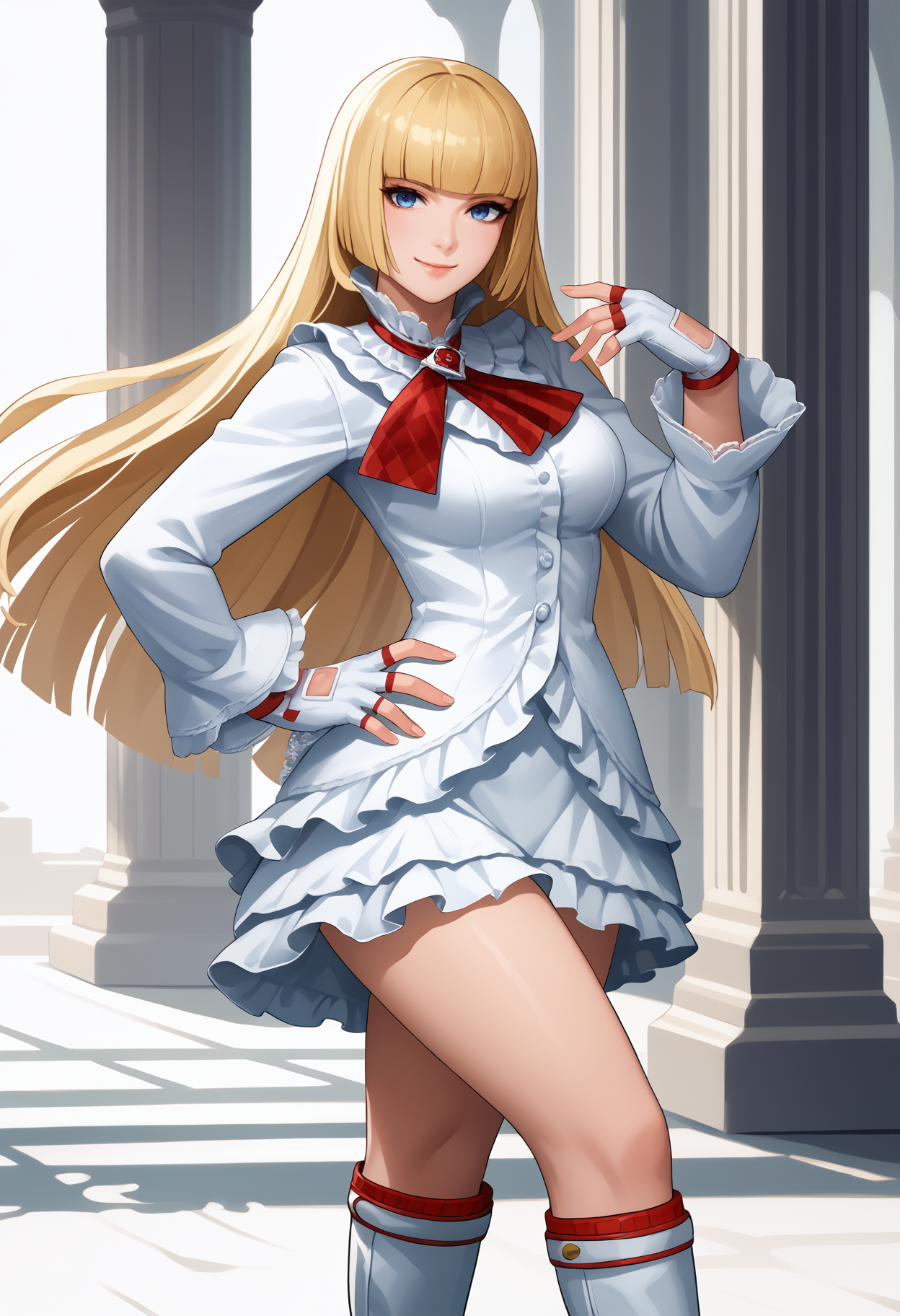 score_9, score_8_up, score_7_up, source_anime, <break> solo, 1girl, emilieog, smile, looking at you, standing, hand on own hip, long hair, blonde hair, blunt bangs, hime cut, blue eyes, frills, white dress, frilled dress, red ascot, long sleeves, white gloves, fingerless gloves, white footwear, knee boots, high heel boots, large breasts
<segment:yolo-face_yolov8m.pt,0.4,0.5//cid=1>