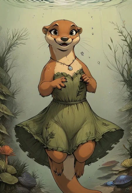 score_9, score_8_up, score_8, (solo), (fluffy), (feral), underwater, swimming, furry, (((otter))), (slender), female, claws, (fluffy cheeks:0.4), (long ragged flowing seaweed dress), shell necklace, in the style of beatrix potter, fca style, cel-shading, nature, high angle view, (look at viewer), unique perspective, interesting angle