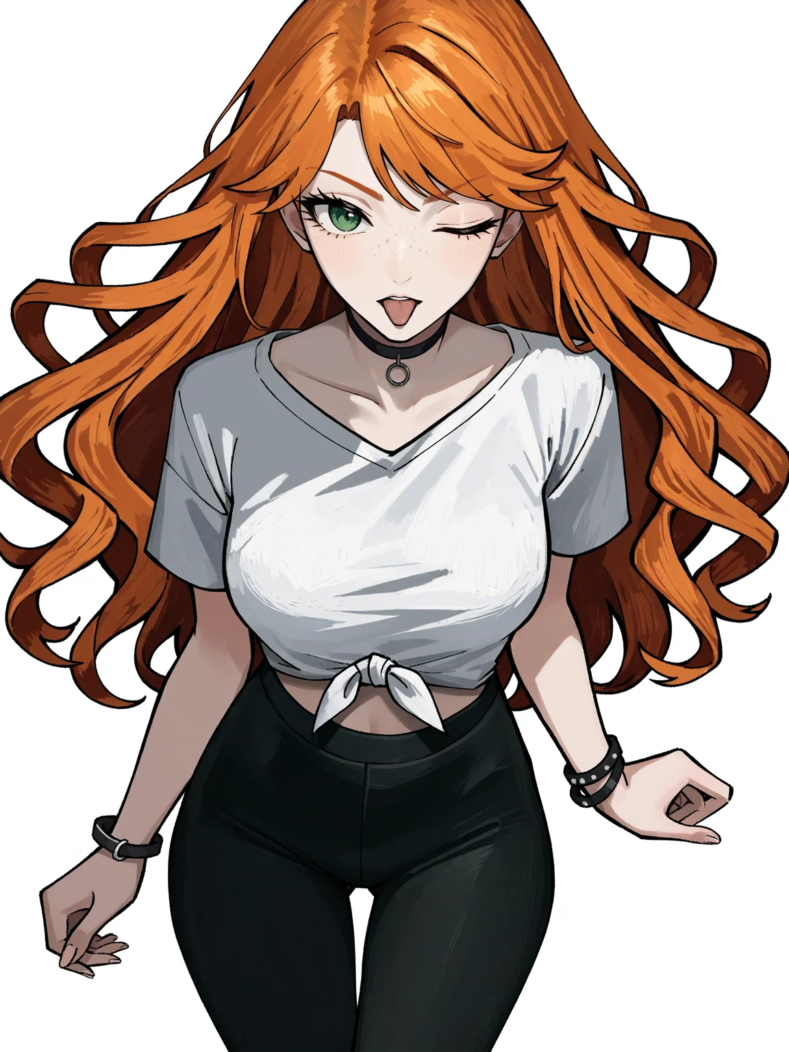 score_9, score_8_up, score_7_up, score_6_up, score_5_up, score_4_up,
BREAK
1girl, orange hair, wink, tongue out, green eyes, long hair, wavy hair, freckles, swept bangs,
BREAK
solo, medium breasts, white t-shirt, tied shirt, black yoga pants, black choker, thigh gap, skinny,
BREAK
white background, simple background, dynamic pose, dynamic angle, angled shot, <lora:Lunas-Zzeeonn-SDXL-A1:1>