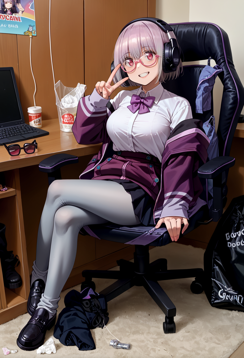 score_9, score_7_up, BREAK   <lora:AEAkane (2):0.9> AEAkaneDef, pink eyes, short hair, dress shirt, purple jacket, off shoulder, open jacket, black skirt, pleated skirt, purple bowtie, gradient pantyhose, grey pantyhose, black pantyhose, shoes, black footwear,|| pink-framed eyewear, semi-rimless eyewear, headphones, light smile, v over eye, messy room, black trash bag, figure, gaming chair,