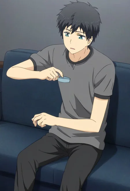 high resolution, solo, best quality, 1Boy, Arata Kaizaki, Black Hair, Blue Eyes, deep talk, depression, sit, couch, OverallDetail