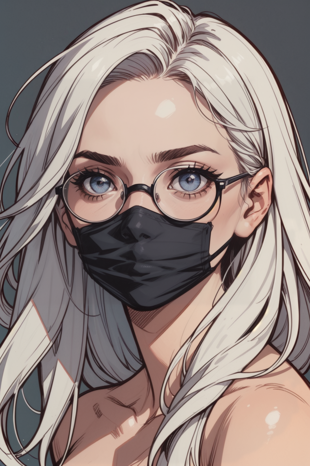 solo, mouth mask, glasses, 1girl, mask, white hair, looking at viewer, round eyewear, portrait, black-framed eyewear, blue eyes, black mask, grey background, long hair, blurry, blunt bangs, close-up, grey eyes, blurry background, eyelashes, covered mouth, simple background, makeup, head tilt, <lora:Expressive_H:0.5>, score_9, score_8_up, score_8_up, a_Comic_Illustration, rough lines with ink, (drawn:1.1), (sketch:1.5), (crosshatching:1.25), (comic style:1.1), graphic novel style, sharp lines, hires, zstyle, (western comics \(style\):1.1), (hatching \(texture\):1.2), zPDXL, Mr_Monster_Possitive, beautiful detailed eyes, extreme details eyes,  perfect anatomy,, 1girl, thighs, cowboy shot