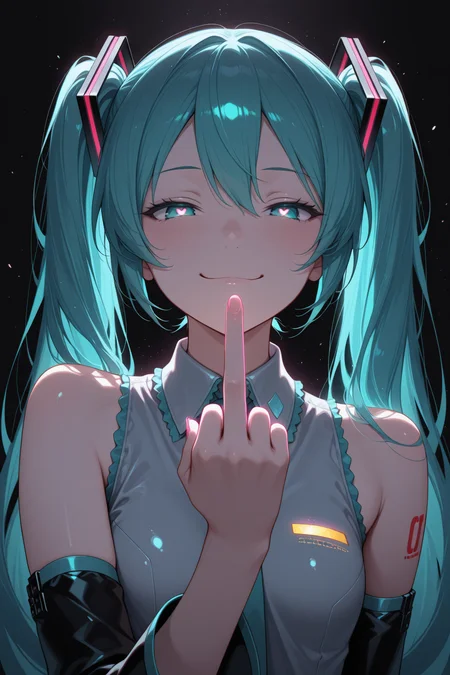 embedding:lazypos, Hatsune Miku,limited palette,black background,colorful,vibrant,glowing outline,neon,blacklight,looking at viewer, smug, half closed eyes, heart eyes, middle finger, anime