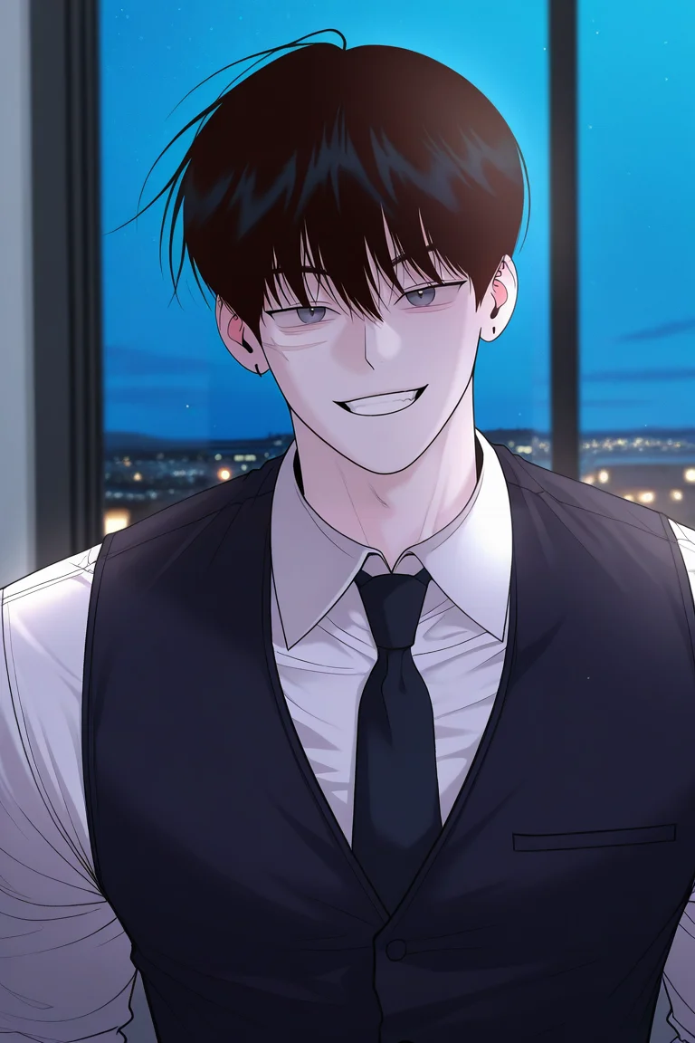 masterpiece, best quality, amazing quality, very aesthetic, high resolution, ultra-detailed, absurdres, newest, scenery, volumetric lighting, depth of field,anime screencap, , , 1boy, solo, male focus,<lora:yoonwon:0.93>,goo yoon won,black hair,grey eyes,short hair,bangs,hair between eyes,scar,grin,open mouth, shirt, long sleeves,upper body, white shirt, earrings, necktie, collared shirt,indoors, vest,piercing,right ear bare,black necktie, black vest,looking at viewer,scar on face,indoors,night,sky