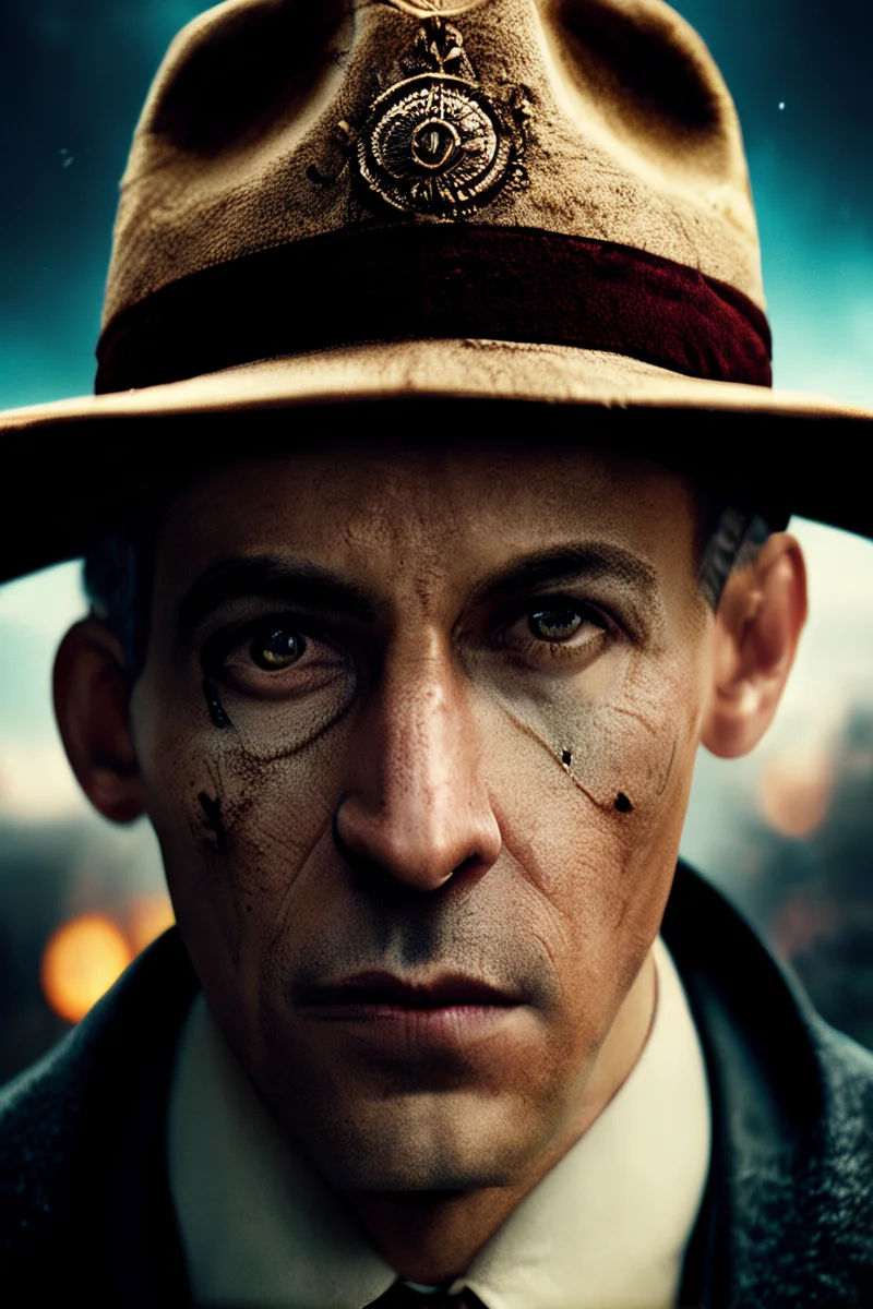 cinematic photo extremely close-up of man in hat , looking at the camera <lora:oldMJstyle_v1_SDXL:0.8> oldmjstyle . 35mm photograph, film, bokeh, professional, 4k, highly detailed