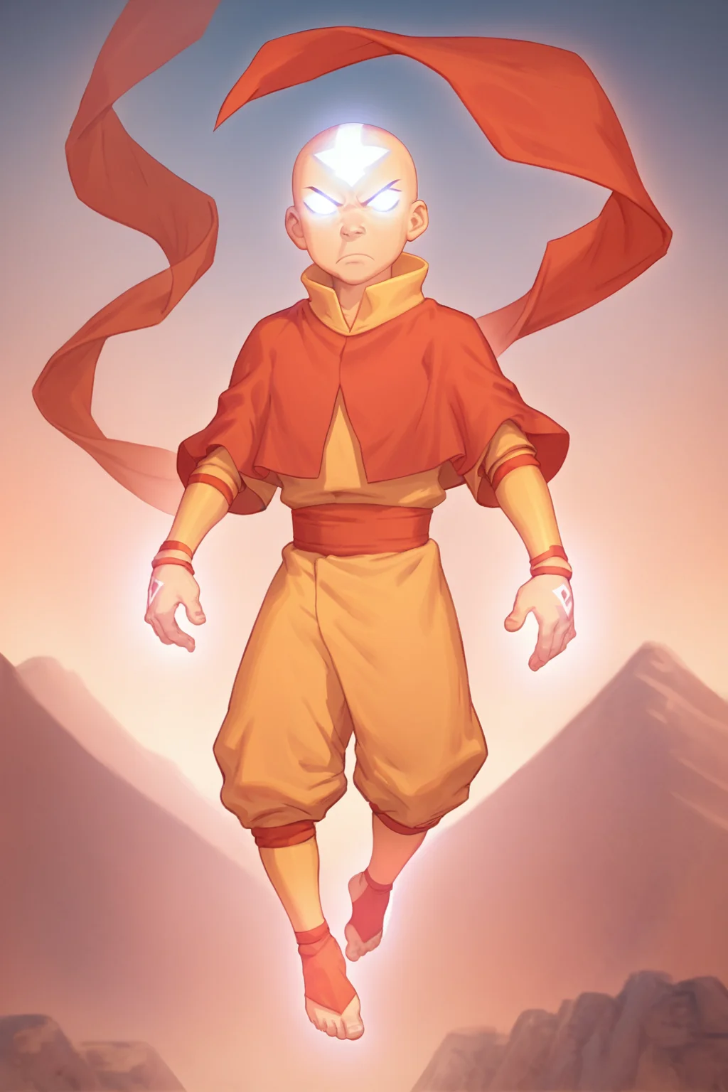 score_9, score_8_up, score_7_up, <lora:Aang:0.8>, 1boy, solo, aang, facemark, tattoo, avatar state, glowing eyes, no pupils,  glowing tatto, air nation clothing, bald, standing, looking at viewer, angry, air powers, floating,  outdoors,