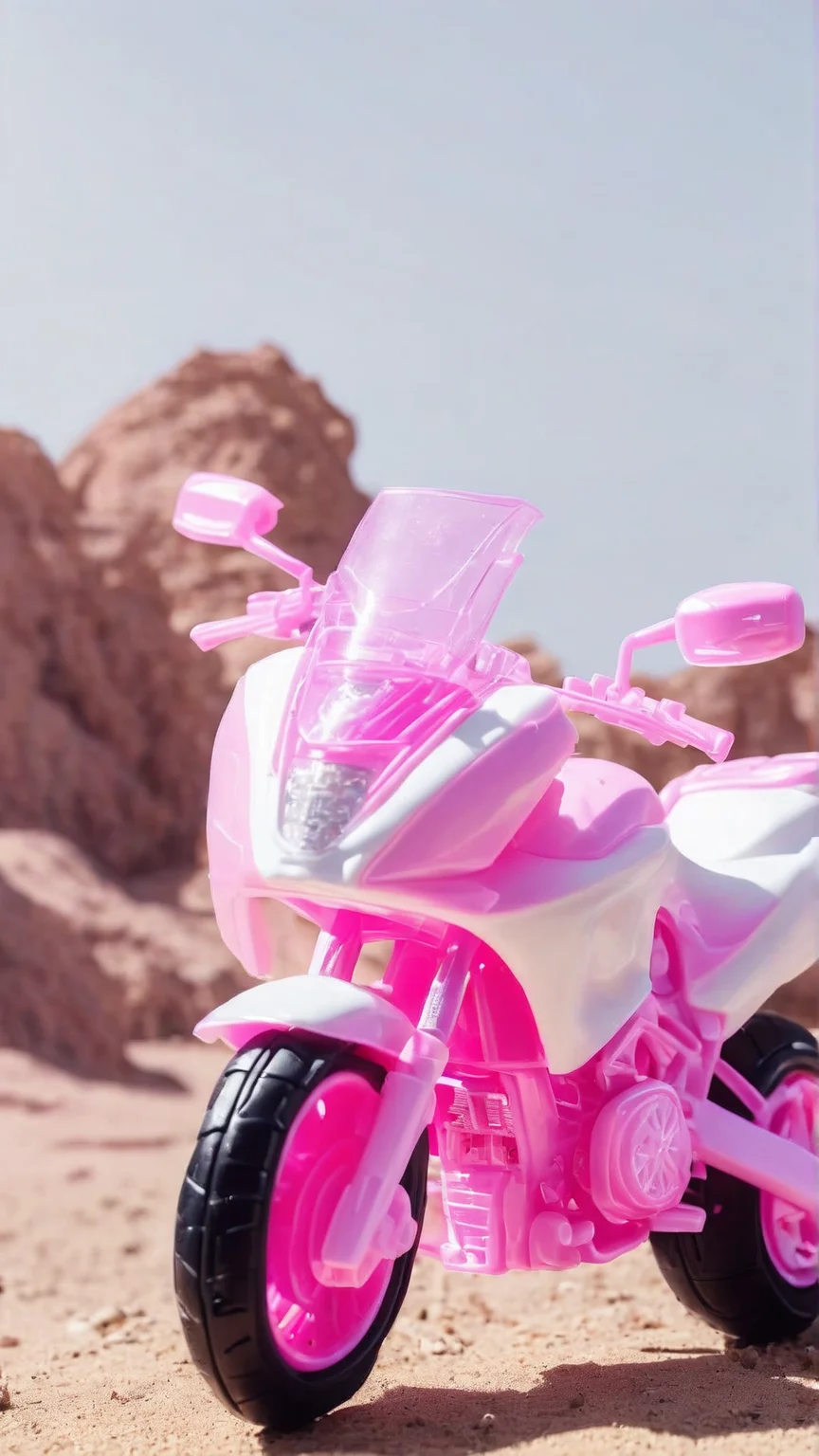Cinematic photo of <lora:BarbieCoreXL:1> BarbieCore motorbike, pink and white plastic (toy:0.4) in location: oasis