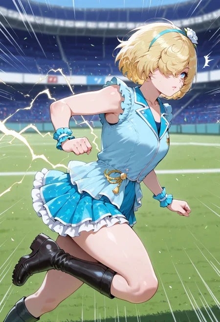 masterpiece, best quality, amazing quality, absurdres, (colorized:1.2),
1d0l_mask,1girl, solo, blonde hair, short hair, bob cut, bangs, hair over one eye, blue eyes, collarbone, small breasts, idol clothes, hair ornament, flower hairband, blue dress, sleeveless, blue skirt, miniskirt, frilled skirt, pleated skirt, blue wrist cuffs, black footwear, knee boots,
emotionless, sparkling aura, superspeed, running, electricity, motion blur, light trail, emphasis lines, soccer field, ((from side)),