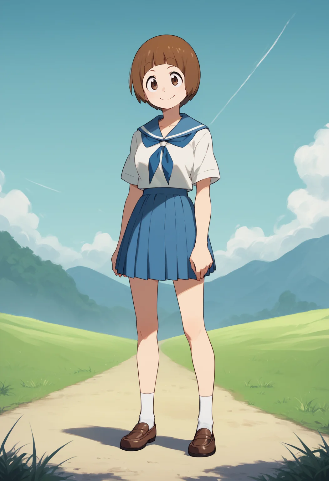 score_9, score_8_up, score_7_up, score_6_up, score_5_up, score_4_up, BREAK,
1girl, mankanshokumako, brown eyes, brown hair, short hair, bob cut, school uniform,
smile, full body, standing, contrapposto, solo, outdoors, blue sky, grass, moutains background <lora:MakoMankanshokuXL:1>