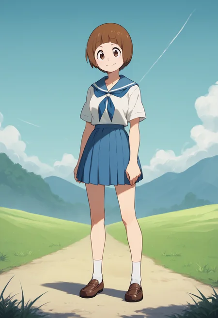 score_9, score_8_up, score_7_up, score_6_up, score_5_up, score_4_up, BREAK,
1girl, mankanshokumako, brown eyes, brown hair, short hair, bob cut, school uniform,
smile, full body, standing, contrapposto, solo, outdoors, blue sky, grass, moutains background <lora:MakoMankanshokuXL:1>