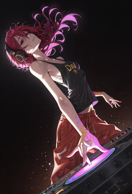 hyperdetailed, dynamic angle, closeup, reij-incs, colors splash effect, flowing hair, 1girl-pointing-at-you:1.2 solo, DJ, hark hair, long hair, headphones, turntable deck, back arched, slender body, loose black tank top, small breasts, perky breasts, red baggy pants, low hanging pants, visible hipbone:1.2, piercings, look at viewer, dark background, backlight, high energy,  <lora:ponyv4_noob1_2_adamW:0.5>  <lora:PNMPS:1> PNMPS