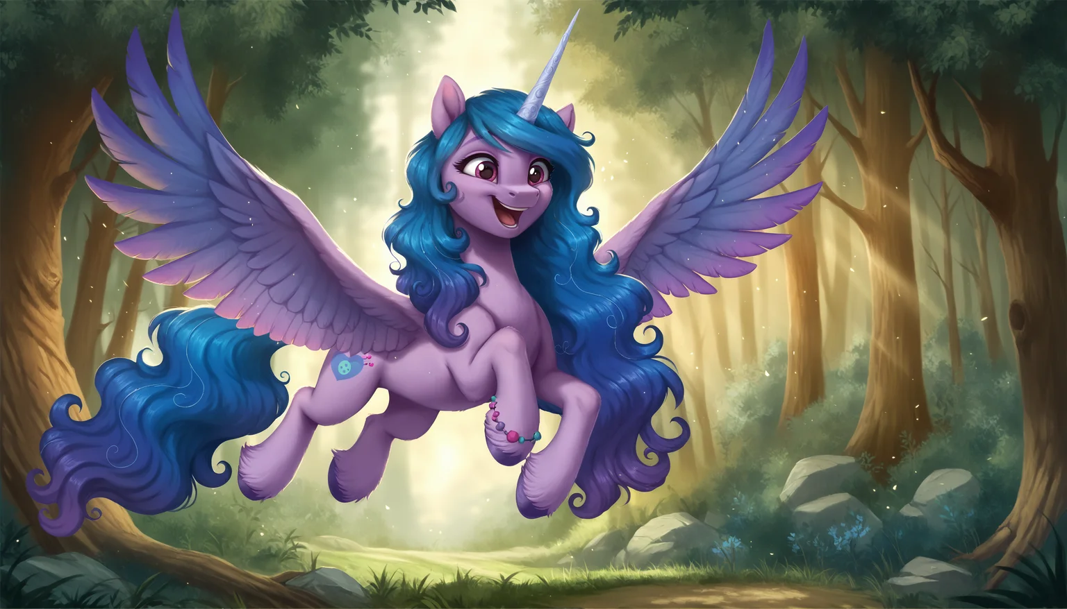 score_9, score_8_up, score_7_up, score_6_up, score_5_up, score_4_up, rating_safe, izzy moonbow, alicorn, female, mare, pony, solo, flying, forest, grass, high res, horn, nature, open mouth, outdoors, race swap, scenery, tree, unshorn fetlocks, wings, alicornified, concave belly, smiling, spread wings, open smile, izzycorn, g5, detailed, detailed background, beautiful, <lora:Wholesome-MLP-v1.4b:1>