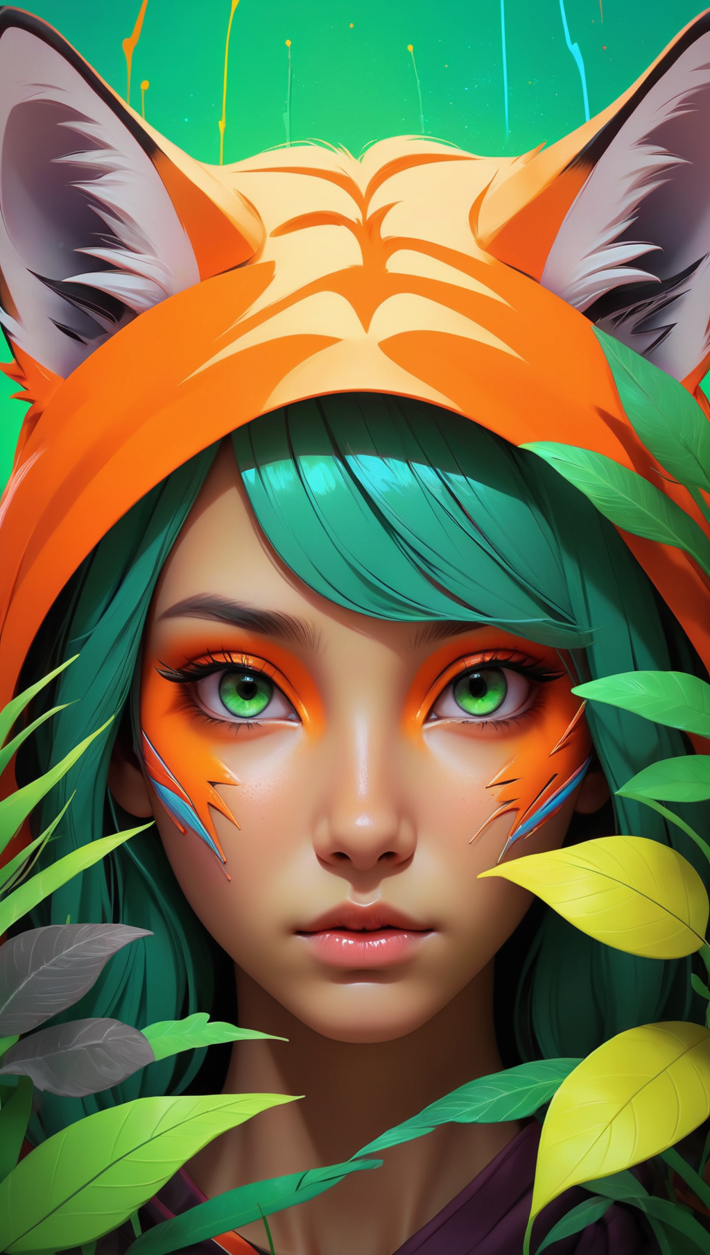 (masterpiece:1.1),(highest quality:1.1),(HDR:1),extreme quality,cg,(negative space),detailed face+eyes,1girl,fox ears,animal ear fluff,(plants:1.18),(fractal art),(bright colors),splashes of color background,colors mashing,paint splatter,complimentary colors,neon,(thunder tiger),compassionate,electric,limited palette,synthwave,fine art,tan skin,upper body,(green and orange:1.2),time stop,