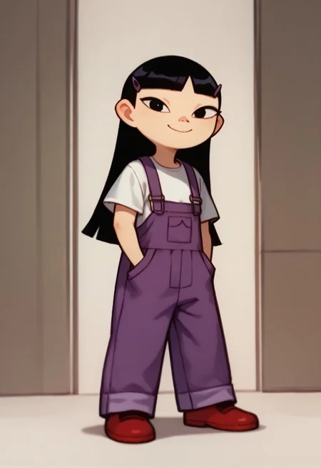 score_9, score_8_up, score_7_up, KimPPG, 1girl, long black hair, blunt bangs, black eyes, purple hairclips, purple overalls, short-sleeve white shirt, short-sleeve white undershirt, red shoes, smiling at viewer, full body,