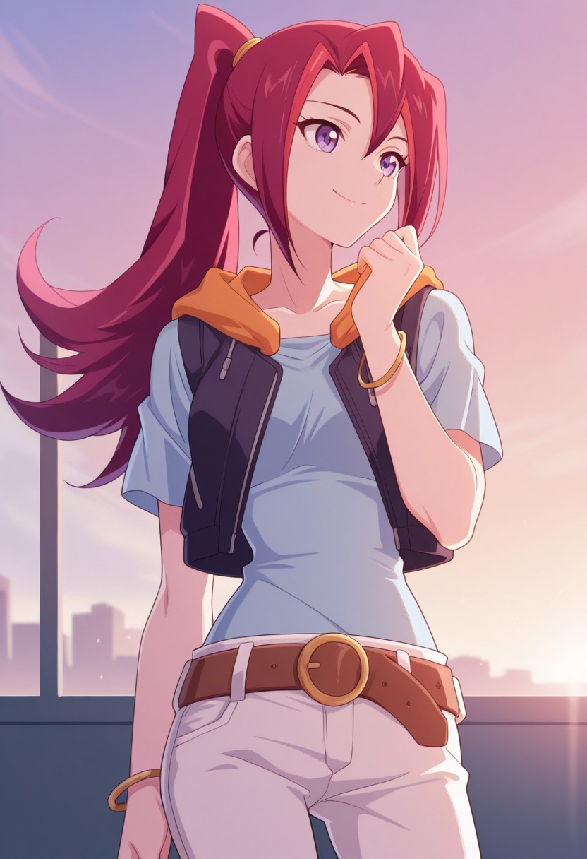 masterpiece,best quality,amazing quality, source_anime, 
KariTsukumo, 1girl, solo, purple eyes, red hair, long hair, ponytail, multicolored hair, shirt, blue shirt, short sleeves, jacket, hood, sleeveless jacket, cropped jacket, jewerly, bracelet, belt, pants, white pants, smile, sky,