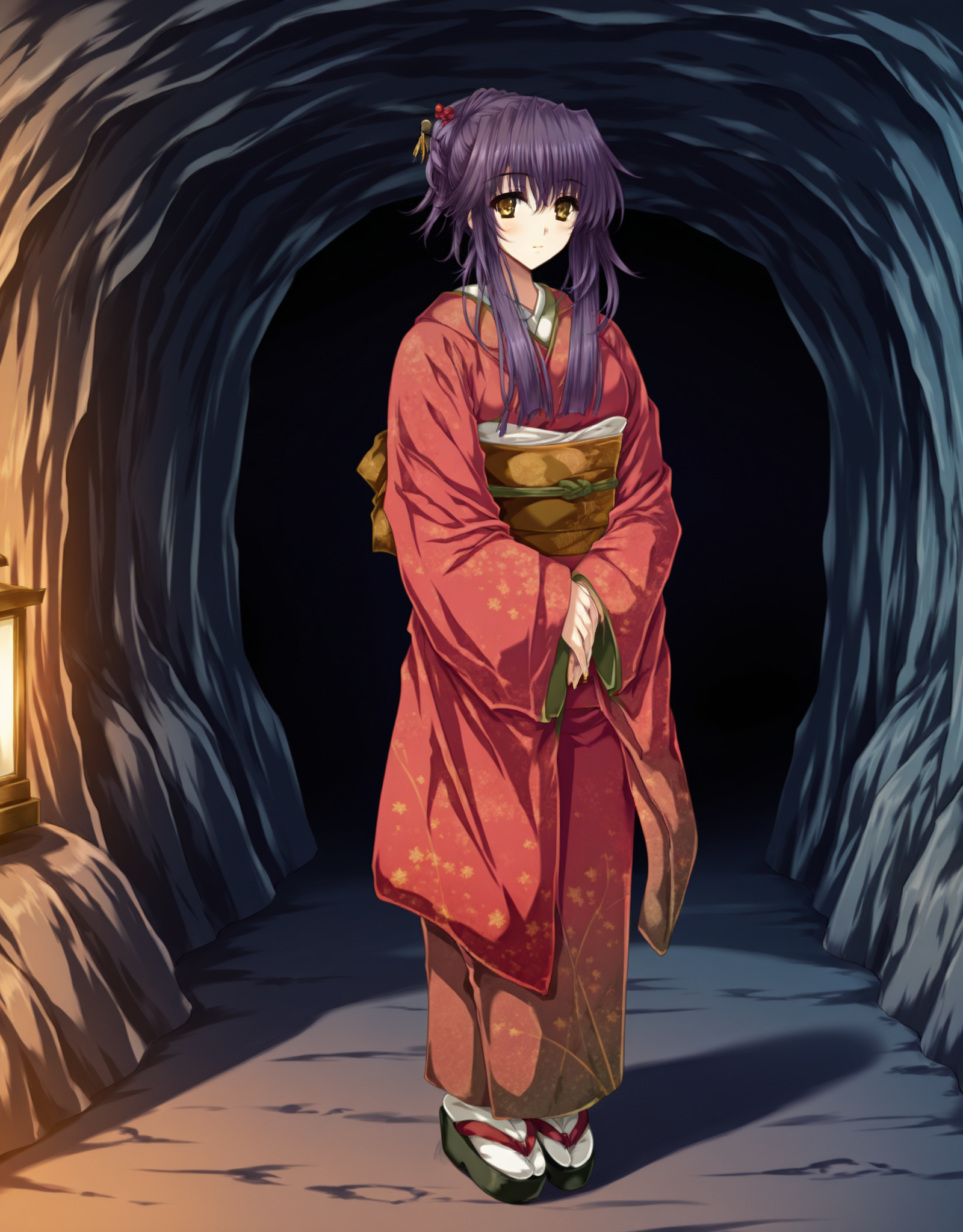 masterpiece,best quality,very aesthetic,zPDXL,
1girl,<lora:yae_new:0.9>,japanese clothes,yae_d3,solo,kimono,purple hair,long hair,hair ornament,obi,red kimono,sash,hairpin,open_eyes,full body,standing,yellow eyes,hairpin,furisode,indoors,cave,