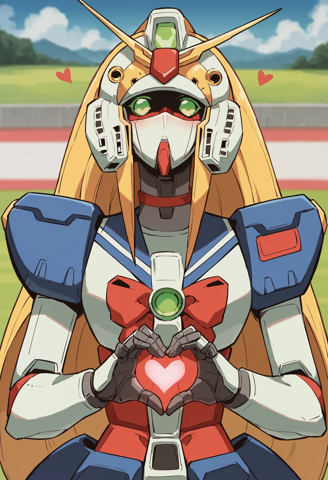 score_9, score_8_up, score_8, source_anime, <lora:NobelGundamF:0.95> solo, robot, mecha, green eyes, no humans, long hair, very long hair, blonde hair, v-fin, bow, red bow, looking at viewer, upper body, v sign, heart hands, blush,
(grasslands background), blurry background,
