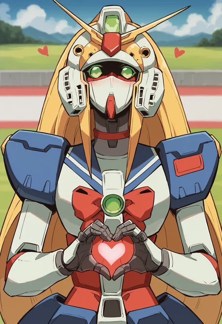 score_9, score_8_up, score_8, source_anime, <lora:NobelGundamF:0.95> solo, robot, mecha, green eyes, no humans, long hair, very long hair, blonde hair, v-fin, bow, red bow, looking at viewer, upper body, v sign, heart hands, blush,
(grasslands background), blurry background,