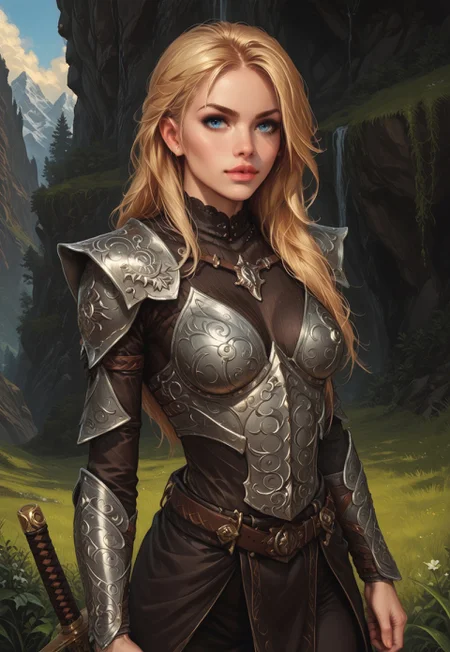 safe_pos, score_9, score_8_up, score_7_up, 1girl, solo, cute blonde female warrior, Morrowind daedric armor, fur, long hair, realistic, cinematic angle, cinematic lighting, fit body, cute face, bright blue eyes, action shot
(in a dynamic pose with a northern big sword:1.85)
source_cartoon, rating_explicit, expressive, (((upper body))), dynamic pose, long legs
detailed beautiful background, breathtaking landscape, epic mountains, lush forests, dramatic sky, vibrant colors, stunning sunset, mystical atmosphere
(((full clothed)))
<lora:add-detail-xl:1>
<lora:Dynamic Poses:1>