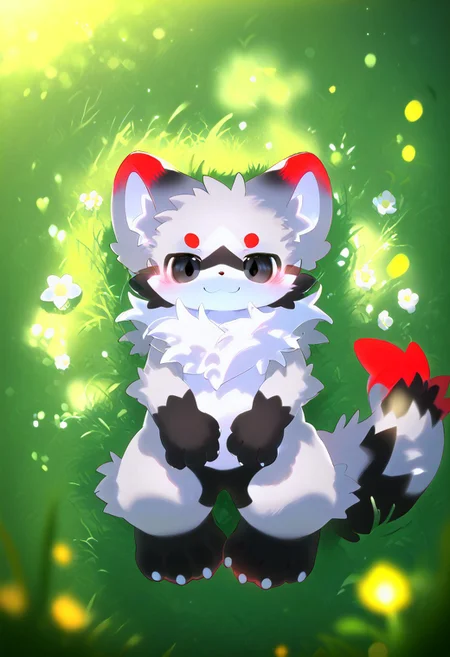 ((((sdgs4by zuppu11kemono)))), full body, solo, furry, score_9, score_8_up, score_7_up, look at viewer, male focus, black eyes, no humans, fractal iris, furry male, ferret lying on grass, happy, smile, detailed eyes, blushing, zPDXL3