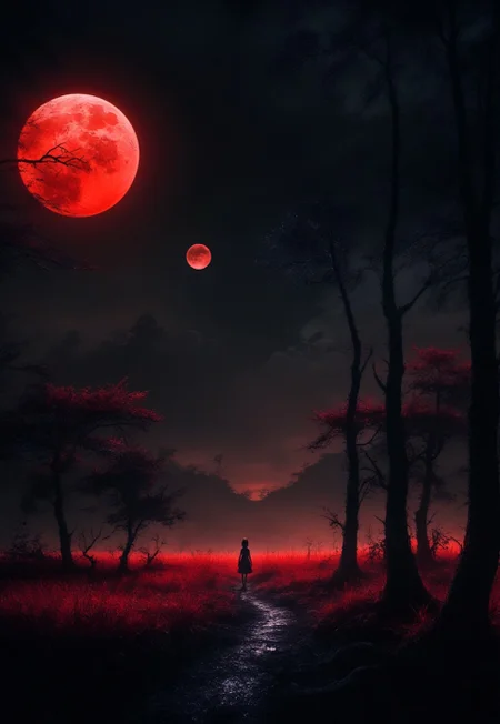 surreal dark horror theme, anime style, red grass landscape, large red moon in black sky, black burned trees, dark fantasy, evil horror, max details, dynamic, great lighting, perfect shading, atmospheric, best quality, sharp focus, high contrast, stylized, clear, surreal, ultra quality, 8k, best quality, masterpiece, midjourneyv6.1