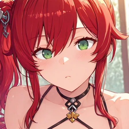 fantasy\(theme\), score_9, score_8_up, score_8_up, detailed, masterpiece, best quality, very aesthetic, absurdres, super high resolution, 1girl, st.louis_\(azur_lane\), side ponytail, red hair, wavy long hair, hair ornament, green eyes, close up