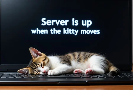 sleeping kitten lying on keyboard infront of screen, text on screen "Server is up when the kitty moves",