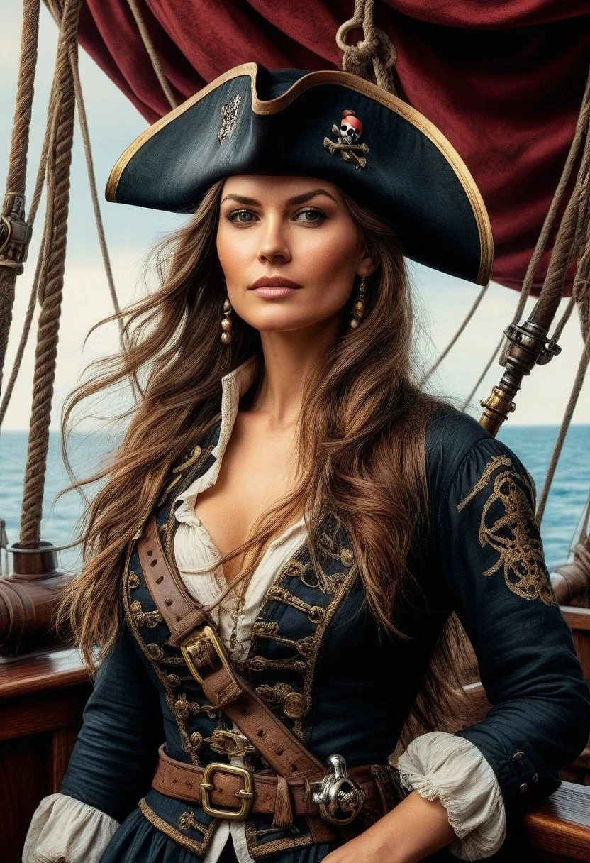 art, breathtaking detailed, masterpiece, awe-inspiring, radiant, magnificent. closeup portrait of stunning female pirate woman with long straight hair, on board a pirate ship, holding flintlock musket