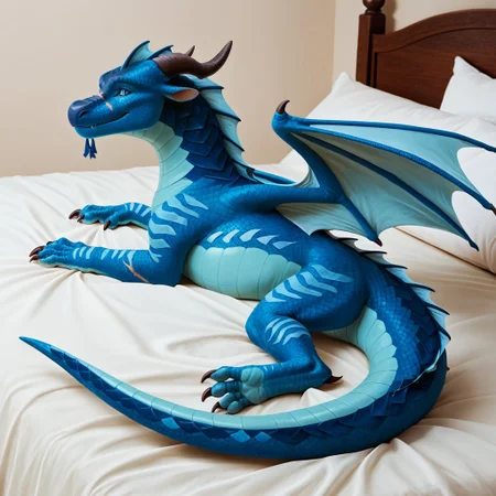score_9, score_8_up, score_7_up, score_6_up, score_5_up, score_4_up, masterpiece, high quality, realistic, detailed, best quality, white bed, solo, rating_safe, source_furry, bedroom, smiling, happy, detailed eyes, detailed face, looking at viewer, (lying on belly), Seawing_wof, aquatic scales, (chin tendrils), dragon, scales, wings, horns, tail, head frill, claws, chest frill, webbed claws, webbed feet, wing pattern, Riptide_wof, blue scales, (face scars, scars on face:1.2) blue eyes, 1boy, male, feral