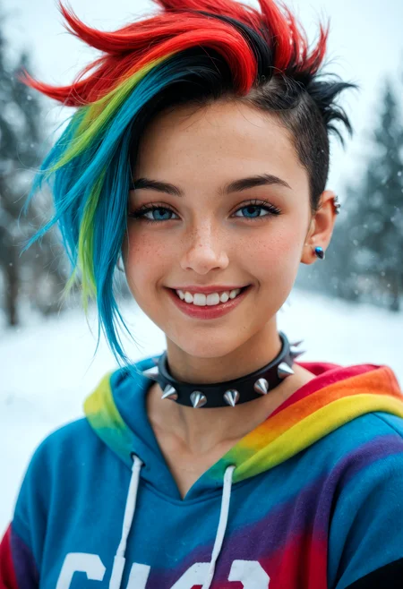 score_9_up, score_8_up, score_7_up, abstract, 1girl, solo, 25 years old, perfect face, close view, (adult), sexy, multi coloured hair, spiked hair, ear piercing, spiked collar, colourful hoodie, winter, blush, shy smile, portrait, face focus, depth of field, looking at viewer