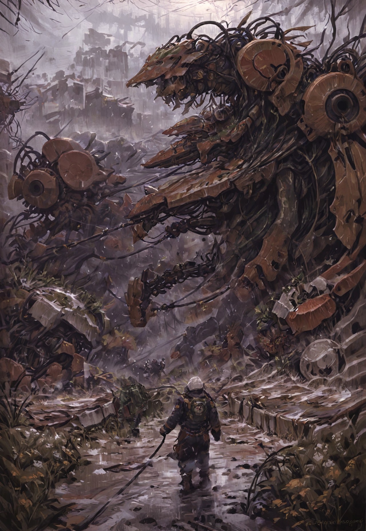  by Peter gric, H.R Giger, Chris Cold, by Florent Desailly, muscular with exoskeleton lots of thick cables, cables everywhere, husk (, by Peter gric, H.R Giger, Chris Cold, by Florent Desailly, robotic skeletal warriors, giant robot monstrosity, alien race, horror, post apocalyptic