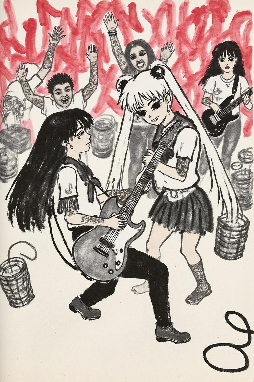 qbs1 ink wash painting
punk sailor moon playing a guitar at a heavy metal mosh pit, tattoos, pearcing.  <lora:qbs1_cap_d6a3e12:1.0><lora:818431796929728265:0>