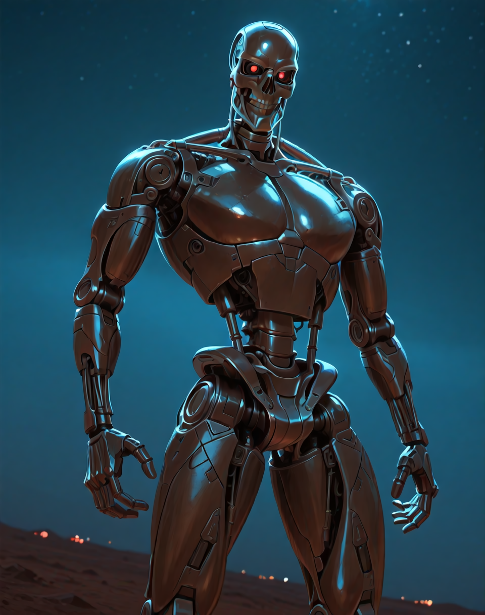 <lora:Terminator_(Terminator)_(Illustrious)_(AD):1> Terminator, robot, endoskeleton, 
((
exterior, science fiction, night, night time, post apocalyptic landscape, 
dutch angle, dynamic action, male focus, solo, villain, solo, powerful, superiority, brushed titanium, large shoulders, thick arms, thick legs, wide chest, 
)),
BREAK: very awe, aesthetically pleasing, masterpiece, best quality, amazing quality, very aesthetic, depth of field, absurd details, depth of field, atmospheric rendering, natural shading, soft shading, 
BREAK: lazympos, lazypos (3),