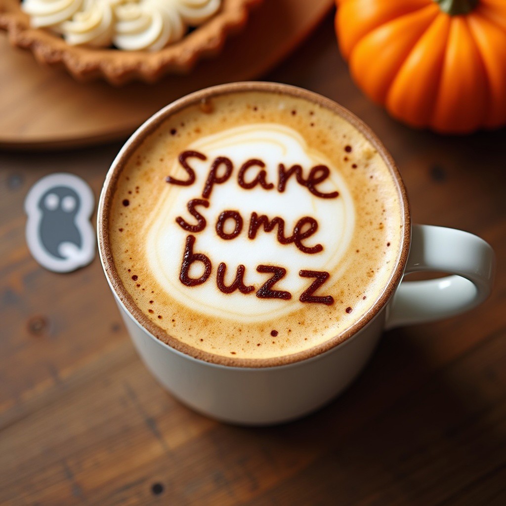 A pumpkin spice latte viewed from the top, with a text "spare some buzz" made on the coffee foam. There is a small ghost sticker in a background and a pumpkin flavored pie