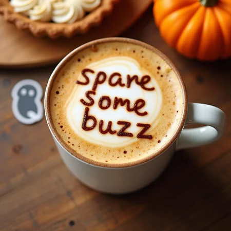 A pumpkin spice latte viewed from the top, with a text "spare some buzz" made on the coffee foam. There is a small ghost sticker in a background and a pumpkin flavored pie