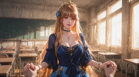 (masterpiece, best quality,realistic,:1.3),incredibly absurdres,(looking at viewer, collarbone,),(shiny_eyes,extremely detailed eyes and face,smile,holding hands:1.3),
1girl,solo,very long hair,bronze hair,yellow eyes,cldqz,dress,blue dress,hair ornament,bracelet,jewelry,choker,bracelet,bow,necklace,lipstick,
cleavage,medium breasts,bouncing breasts,classroom,<lora:aidmaImageUpgrader-v0.3-IL:0.6>,<lora:cldqz(IL):0.7>,