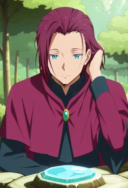 masterpiece, best quality, anime screencap, anime coloring, official style, , , 1boy, male focus, turquoise eyes, burgundy hair, comb over hairstyle,, solo, forest glade, dappled sunlight, seated on stone, hand in hair, peaceful expression, soft shadows, <lora:tensura_style_ilxl:1>, tensura_style,