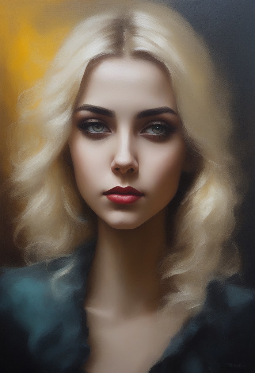 (((classical oil painting))), (((side view of cute short modern blonde Polish girl standing confidently in brothel))), (cute expression), (((dimples))), ((dark eyes)), (smoky air), ((neon)), Intricate textures, (high detailed skin:1.7),