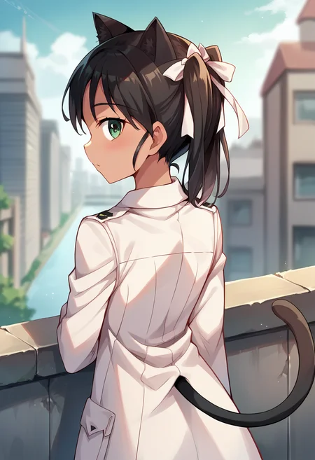 score_9, score_8_up, score_7_up, source_anime, masterpiece, 1girl, ctianfranc3sca, (tan:0.3), white uniform, white ribbon, neck ribbon, no pants, from behind, looking back, looking at viewer, outdoors, sunny, day, city, depth of field, cat ears, cat tail, <lora:Francesca_Lucchini_updated_v2_ct:1>,
