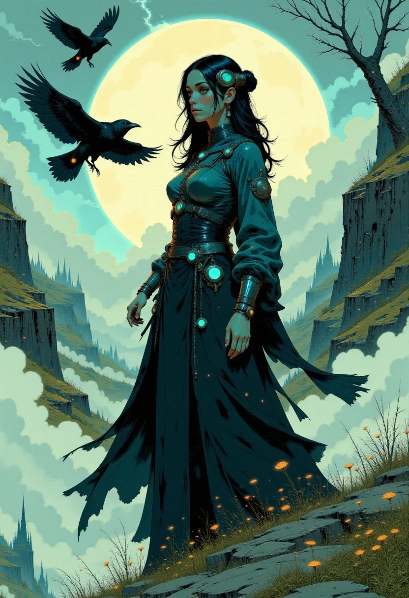 The Raven Queen
"A regal Gothic woman with long, flowing black hair stands on the edge of a desolate cliff, her billowing cloak made of raven feathers shimmering under the pale moonlight. Her piercing emerald eyes glow with an otherworldly energy, and a silver diadem adorned with black opals rests on her forehead. Ravens circle above as a storm brews in the distance." Ethereal Gothic Elegance