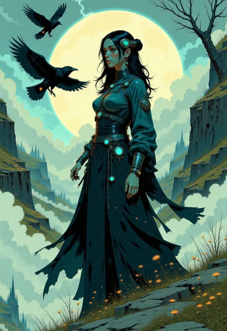 The Raven Queen
"A regal Gothic woman with long, flowing black hair stands on the edge of a desolate cliff, her billowing cloak made of raven feathers shimmering under the pale moonlight. Her piercing emerald eyes glow with an otherworldly energy, and a silver diadem adorned with black opals rests on her forehead. Ravens circle above as a storm brews in the distance." Ethereal Gothic Elegance