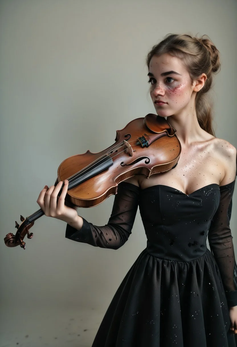 score_9, score_8_up, score_7_up, score_6_up, instagram photo, realistic face, from side, 1girl, 18 years old, from above,, a female play violin, playing violin, violin, <lora:violin-without-bow-pony:0.64>,black dress, glitter,long sleeves, collared dress , high detail, bare shoulders,,8K quality, <lora:nsfwsks:1> ,<lora:detailz:1>.